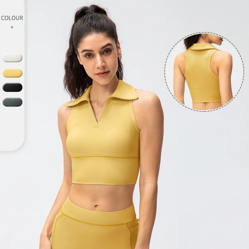 

women Lapel design fit slim gym wear clothing yoga crop tank top sport shirts vest
