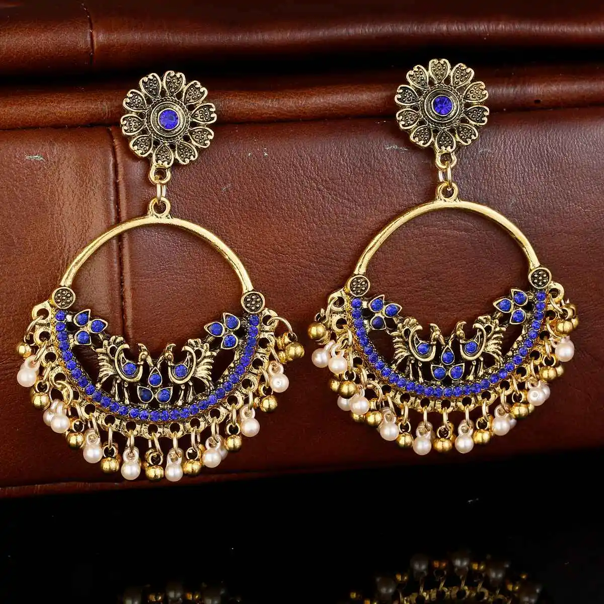 

Classic Metal Flower Gold Color Jhumka Earrings Indian Ethnic Pearl Beads Tassel Dangle Earrings Fashion Jewelry