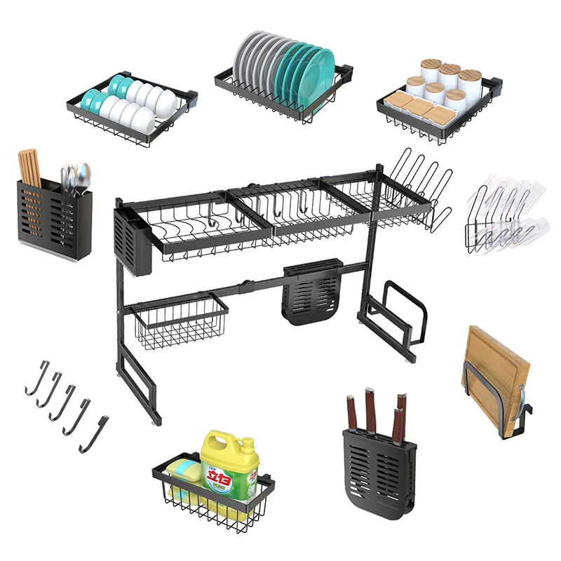 

Dish Drying Rack Over The Sink Adjustable Large Dish Drainer Rack for Kitchen Organization Storage Holder with 5 Hooks, Black