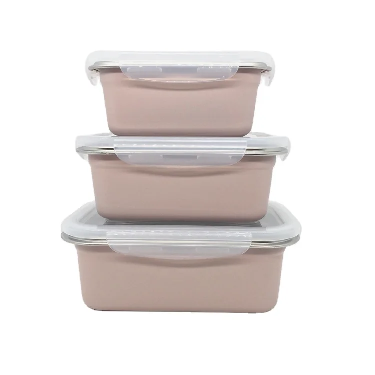

LeakProof Set of 3 Eco-Friendly Pink Bento Box takeaway Stainless Steel Food Storage Containers with Lids, Silver