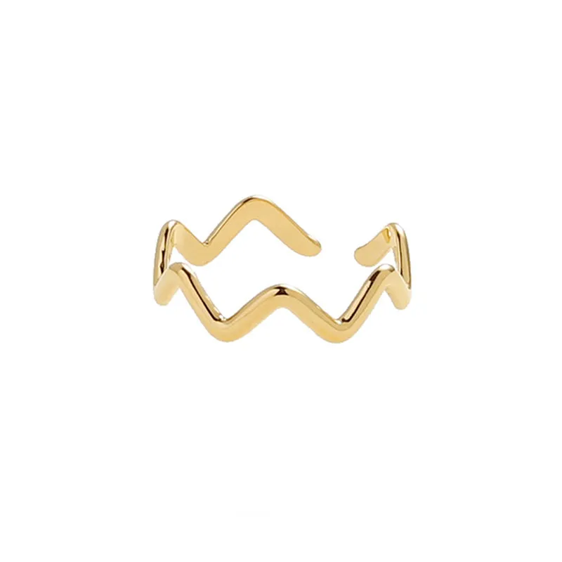 Personalized 18K Gold Plated Stainless Steel Waterproof Jewelry Open Irregular Curve Wave Gold Ring for Women Girls