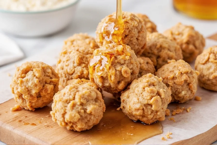 Homemade Cinnamon Toast Crunch energy bites on wooden board with honey drizzle