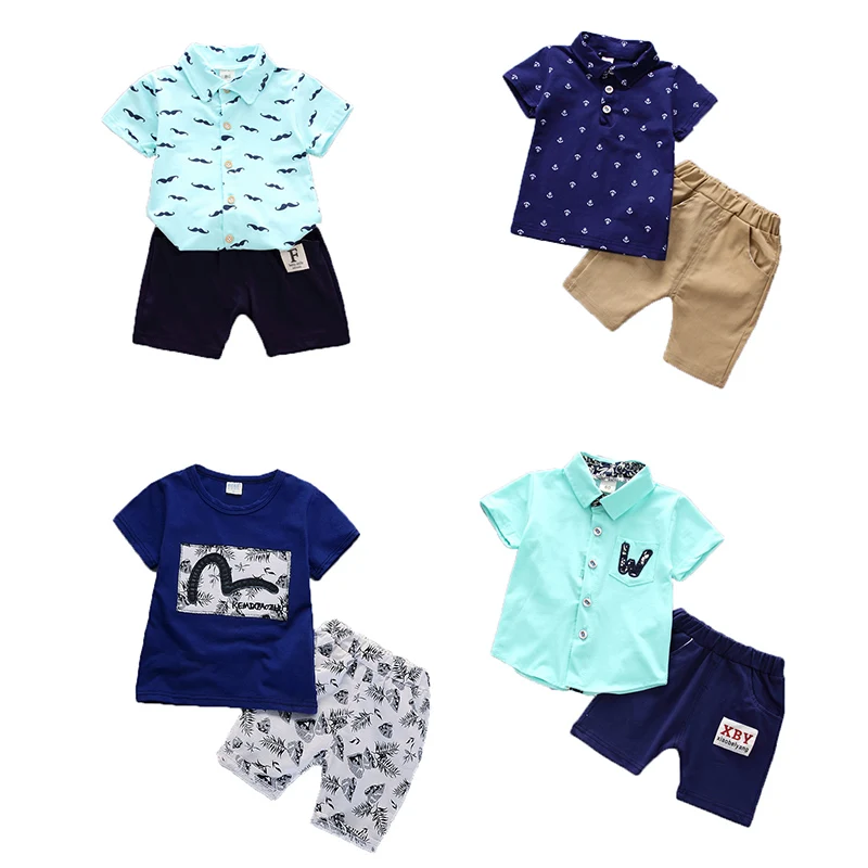 

2020 new summer wholesale boys casual loose leaf print lapel single breasted stand up collar shirt shorts two piece kids clothes, As pic shows, we can according to your request also