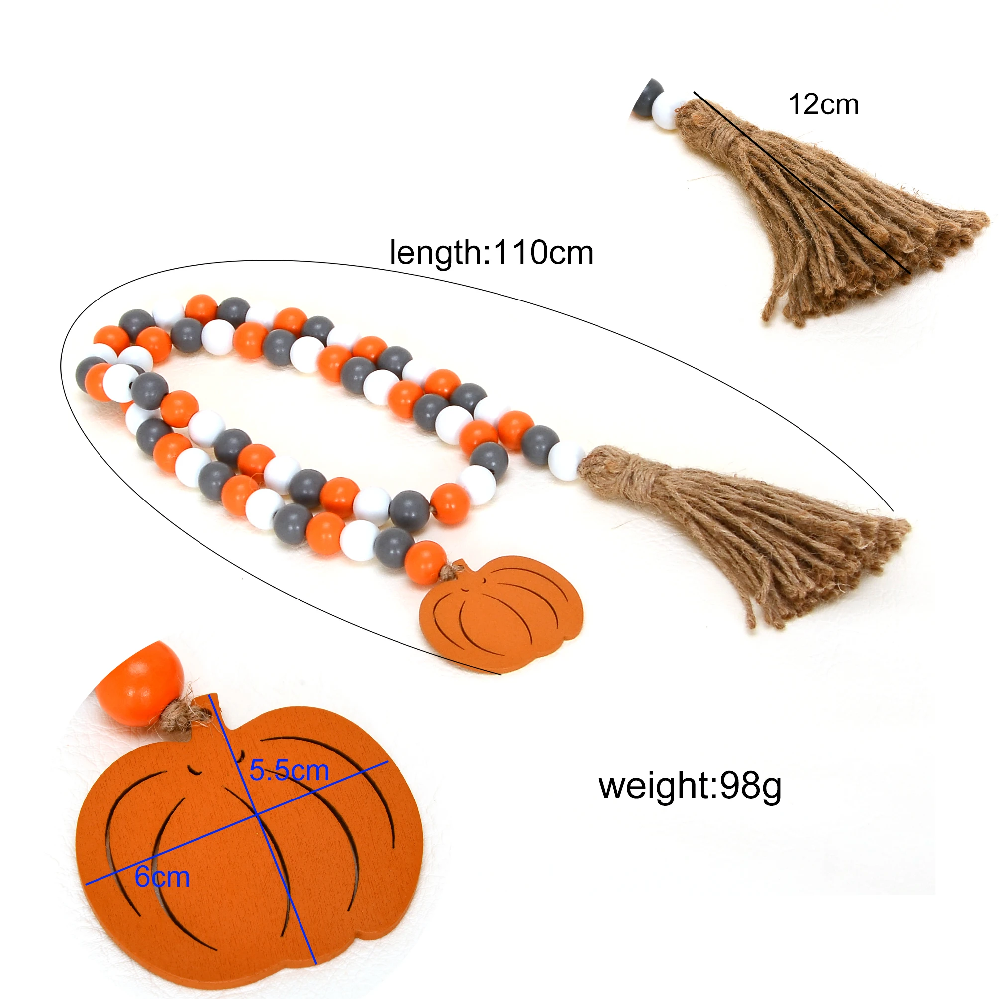 

43 inches Pumpkin Wood Bead Garland with Jute Rope Plaid Tassel Pumpkin Tag Farmhouse Rustic Wood for Halloween decorations, Natural wood color or customized color