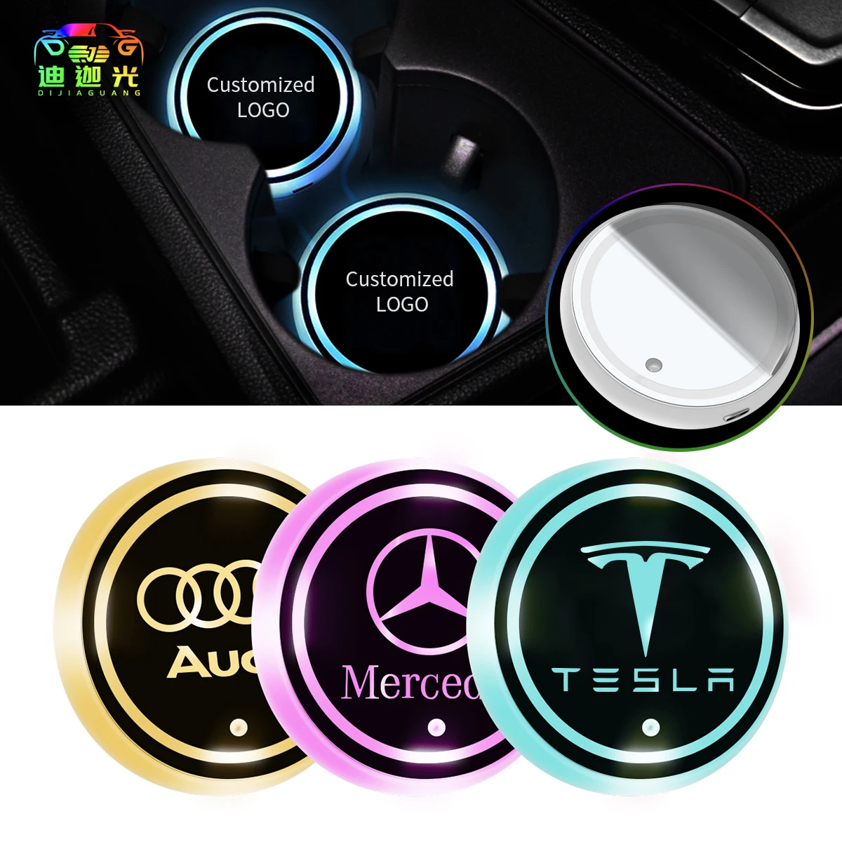 

LED Car Cup Holder Coaster Lights 7 Colors Changing USB Charging Mat Cup Pad Interior Atmosphere Lamp Decoration Light for TESLA