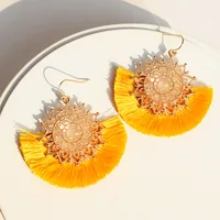 

aretes de mujer Real Gold Plated Hollow Sun Flower Fan Tassel Hook Earrings Bohemian Yellow Silk Fringe Tassel Drop Earrings