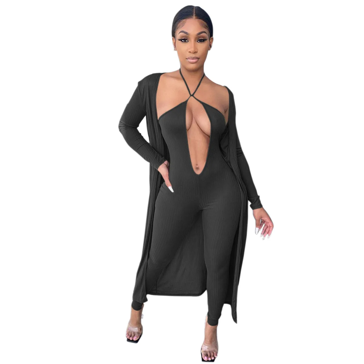 

2021 New Arrivals Fashion Women Casual Deep V-Neck Jumpsuit Long Sleeve Cardigan 2 Pieces Set Ribbed Suit, Picture show
