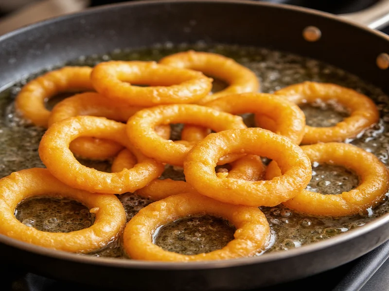 Golden onion rings frying in oil at perfect temperature