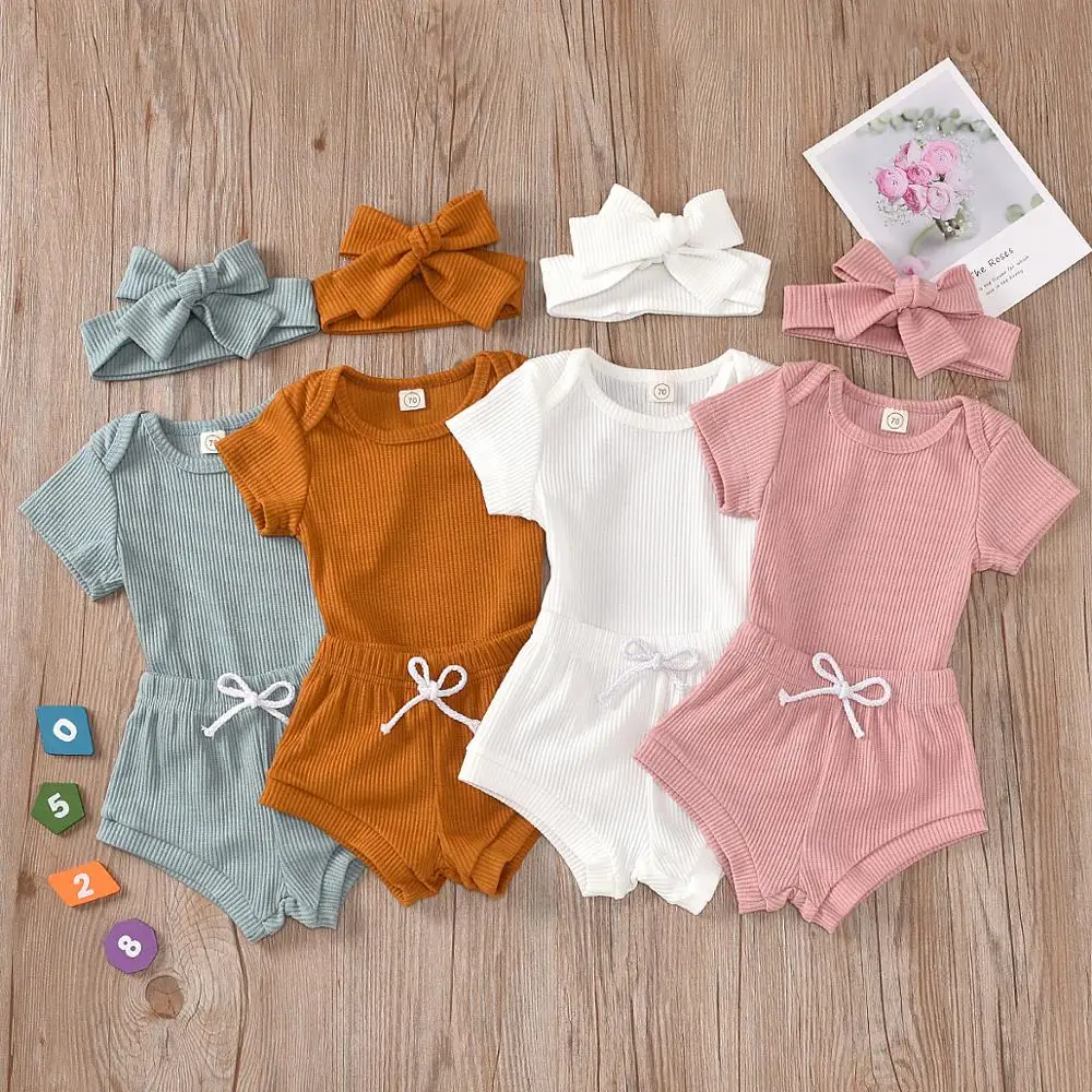 

2020 wholesale 0-2 years old 100% cotton solid color newborn baby clothes set, As picture