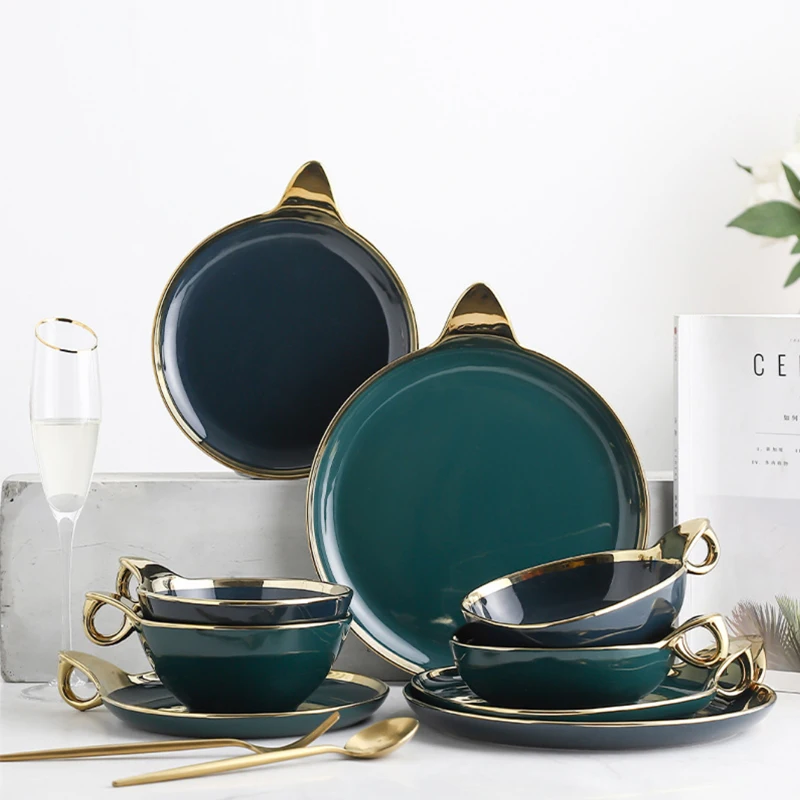 

Wholesale 2020 New Products Luxury Emerald Green Blue Restaurant Porcelain Dinner Set With Ring Handle, Gold green,gold blue