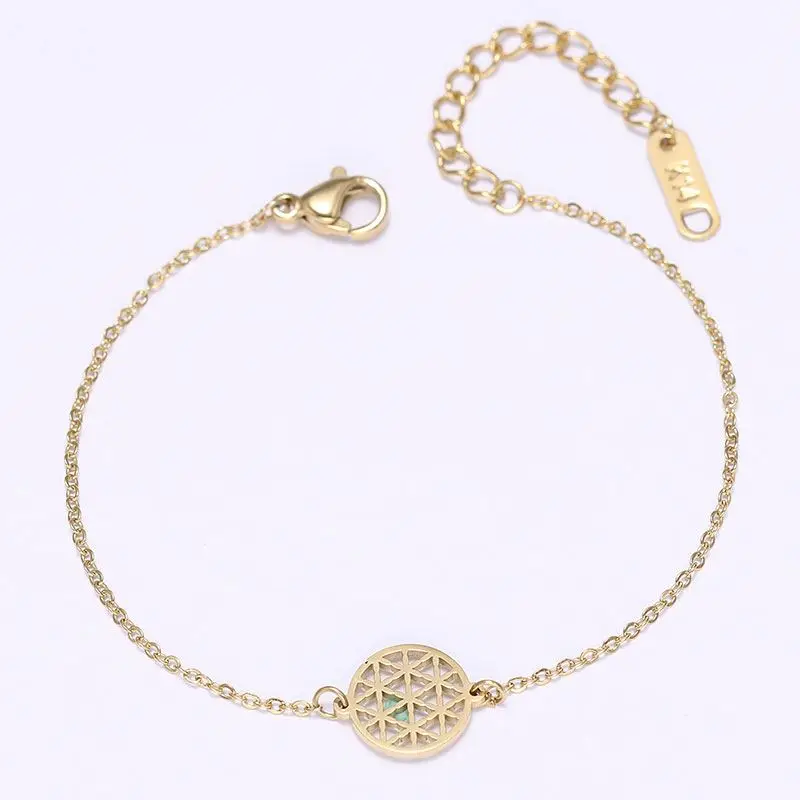 

Dainty Stainless Steel Fashion Accessories Gold Plated Hollow Round Pendant Adjustable Chain Bracelet