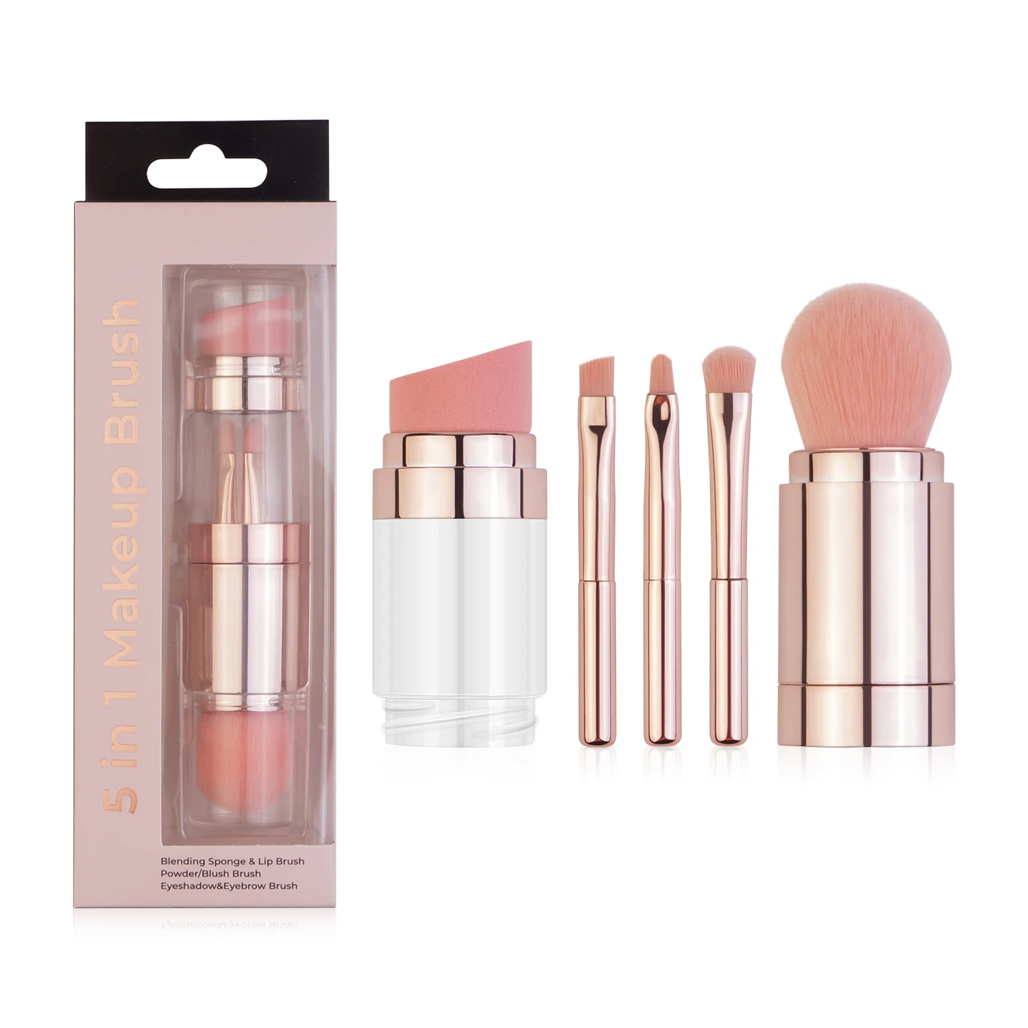 

2021 New Trending Portable Foundation Blush Cosmetic Kit Lips and Eyebrow Makeup Brushes 5 in 1 Makup Set, Rose gold / gold / oem