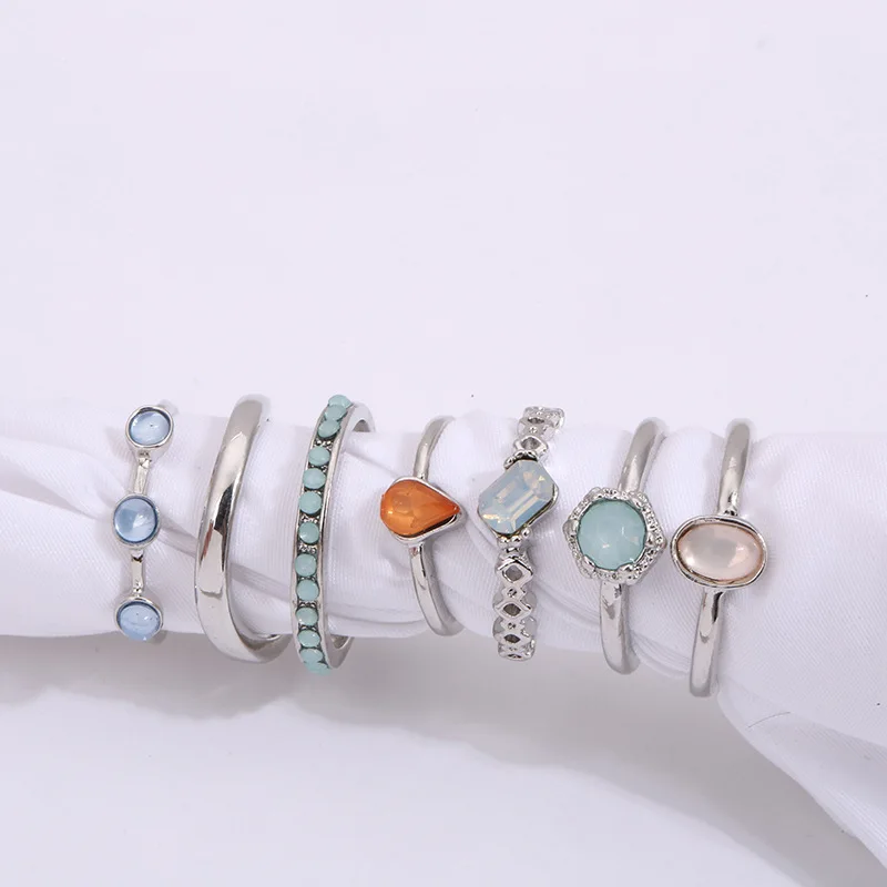 

2021 Korea Style Fairy Friends Colorful Gemstone Vintage 7Pcs/Set Fashion Finger Hit Rings for Women Girl Party, Picture color or custom