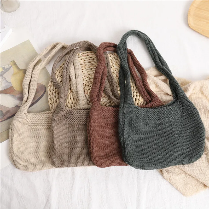 

Vintage Knitted Handbag Fall Winter Comfortable Plain Crochet Crossbody Bag For Girl