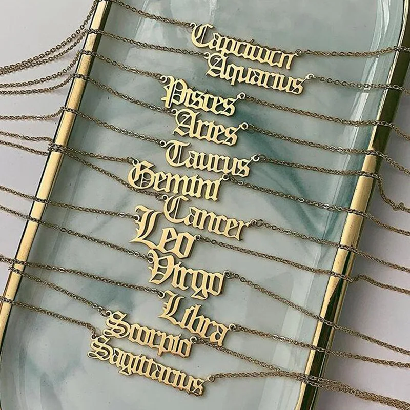 

Cancer Aquarius 12 Vintage English Letter Old English Font Necklace Letter Necklace Pendant Necklace, Gold