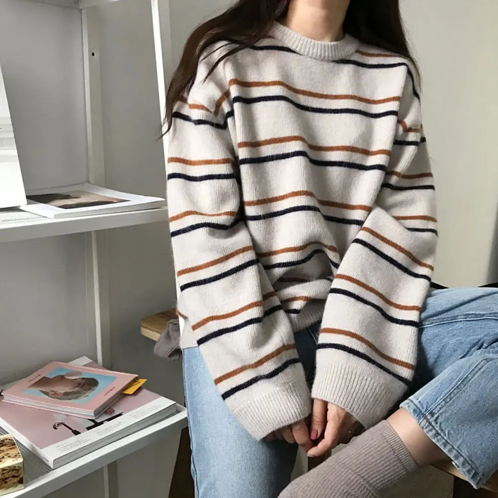 

2020 New Fashion Spring Autumn Women Girls Korean Style Wear O-neck Sweater Relaxed Lazy Wind Sweater Stripe Loose Knitwear