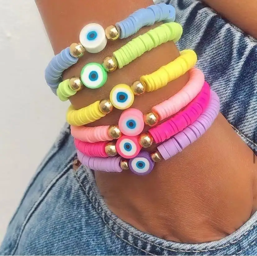 

2021 handmade polymer beads bracelets colorful eye and copper beads INS style fashion wholesale