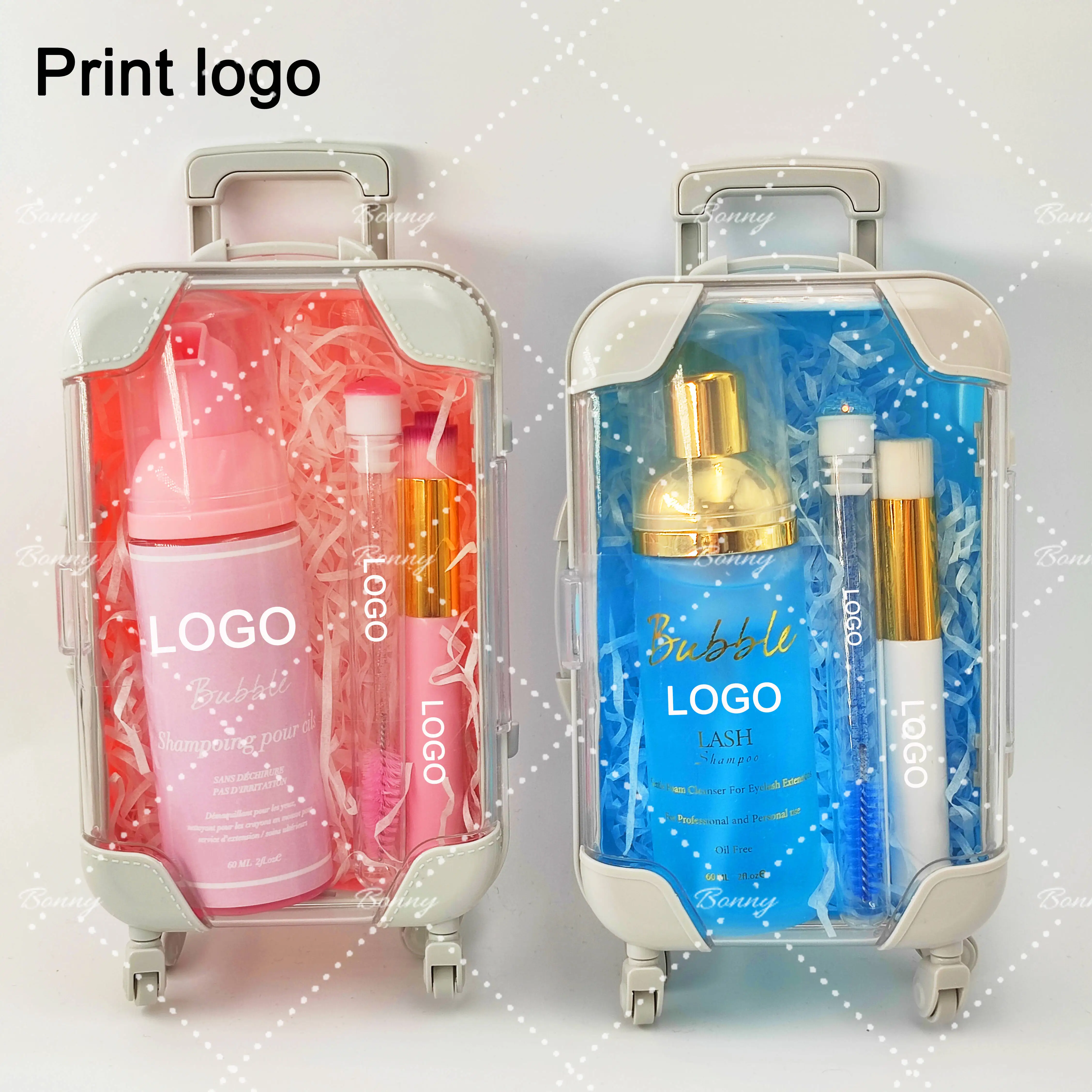 

OEM private label eyelash extension cleanser foam shampoo with brush lash shampoo with suitcase packaging