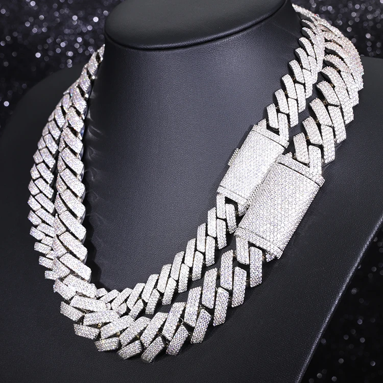 

Heavy silver 15MM 20MM 3Rows Cuban Chain Necklace White Gold Plated Moissanite Diamond Cuban Link Chain