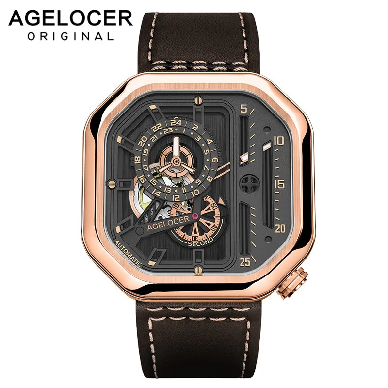 

Agelocer Luxury Watch Men Designer Square Watch Waterproof Leather Strap All Black Mechanical Watches 5603J3