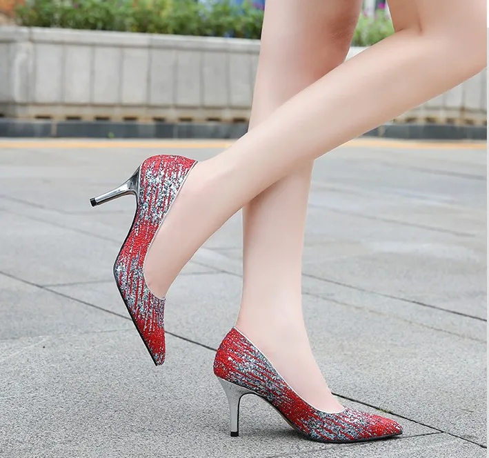 

Fashion sexy women's shoes night club metal Stiletto High Heels pointed Sequin single shoes women's pumps large size shoes, Red ,black