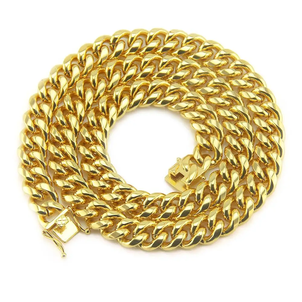 

Men's 18K Gold Plated 5MM 14MM CZ Fully Iced Out Cuban Miami Chain Necklace Gold Costume Rapper Hip Hop Chain Necklace