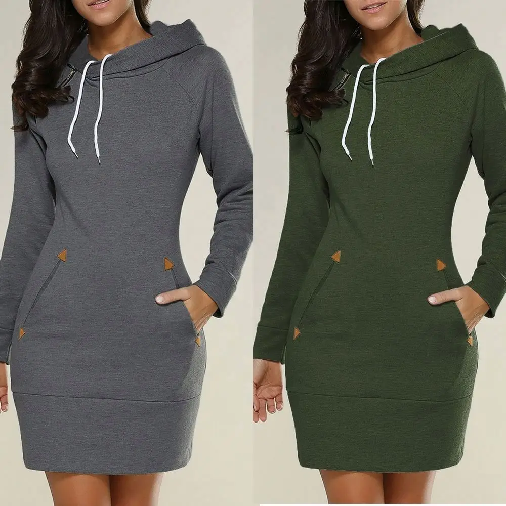 

Hot Sale Plain Colour Pullover Women Long Hoodies Dresses With Pocket, Pink, grey,dark grey,red,black