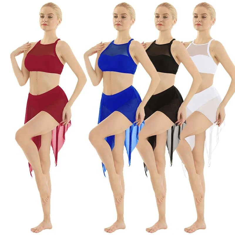 

Women Adult 2Pcs Ballet Dance Dress Sleeveless Cross Back Vest Top And Asymmetrical Mesh Skirt Lyrical Dancewear Outfits