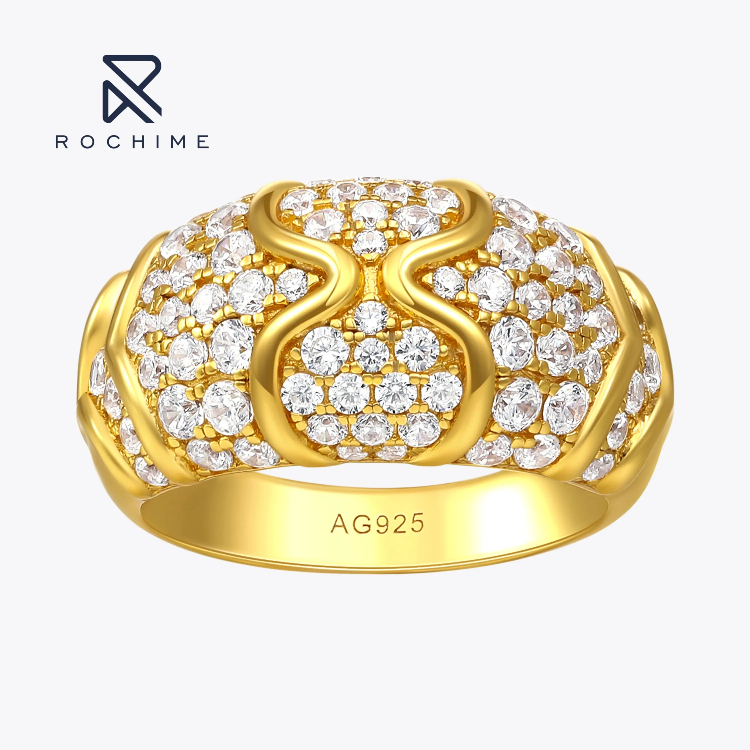 Rochime Luxury Vintage Ripple Shaped Diamond Ring 925 Sterling Silver  Gold Plated Zircon Rings for Women