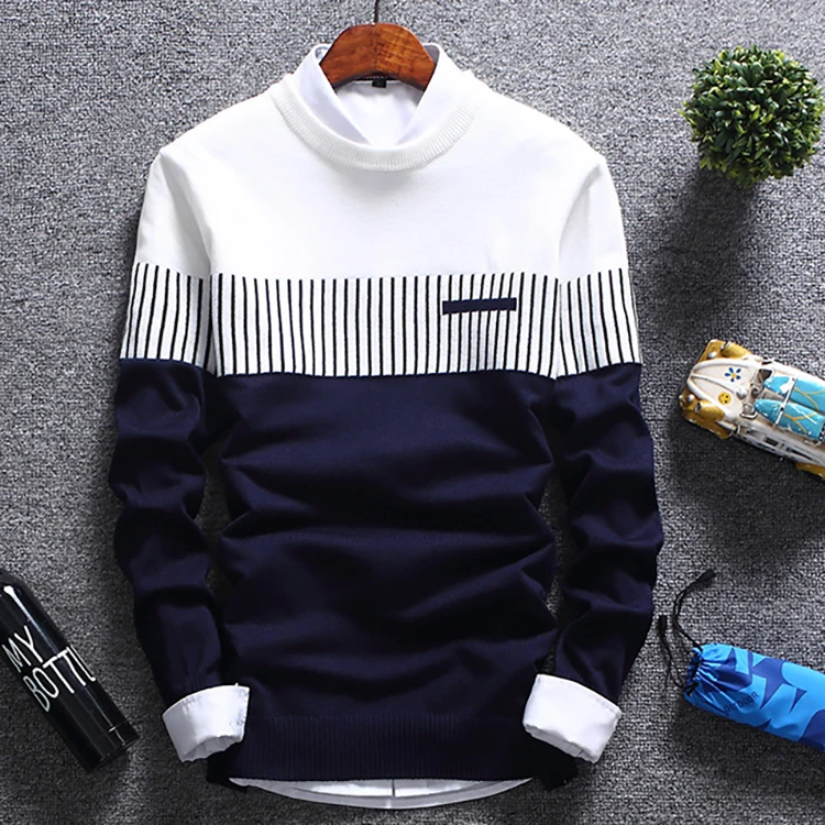 

winter long-sleeved knit sweater pullover round neck color matching men's outer striped sweater fashion slim sweater