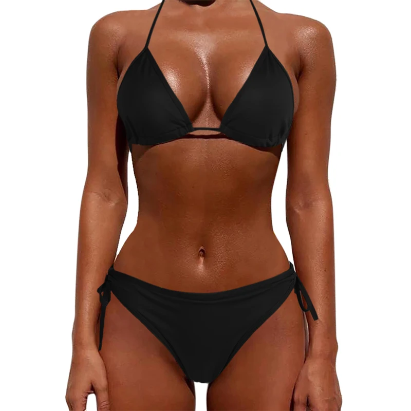 

Custom Womens Bikini Bathing Suits Manufacturers Sexy Simple Small Straps Nylon Pure Color Three Piece Swimwear