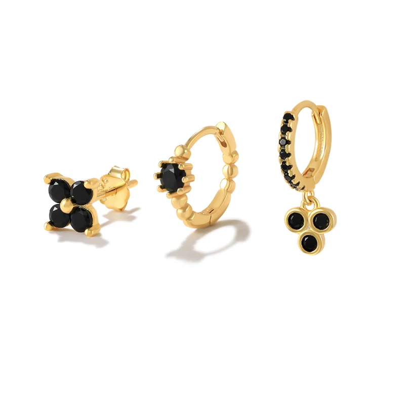 925 sterling silver earring set flower black zircon pendant gold plated stud hoop earrings women 3 Pieces/Set