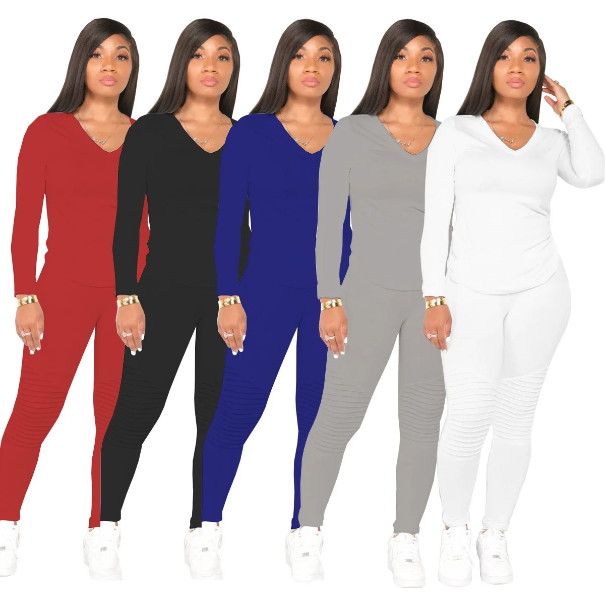 

Foma WY6711 Casual V neck womens jogging track suit 2 piece pants set ladies sweat suits, As pictures