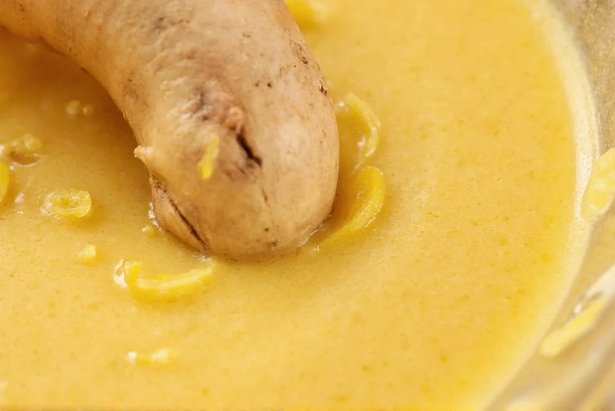 Close-up of fresh ginger root being grated into a smoothie with visible ginger fibers and droplets
