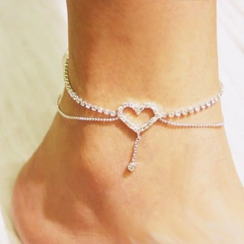 

Heart Pattern Crystal Anklet Women Simple Rhinestone Anklet, As the picturs