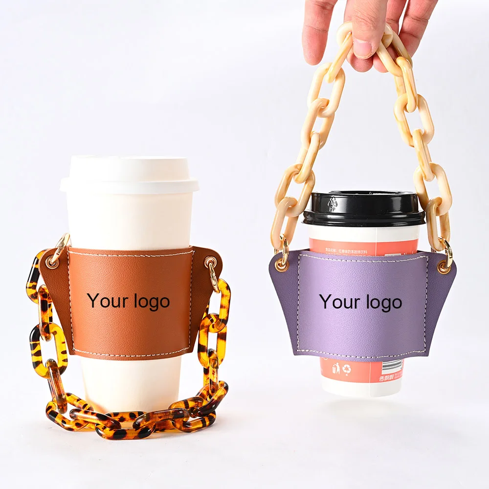 

2022 In Stock Fama Factory Custom Heat Insulation Pu Leather Cup Holder Cover Hot Drink Coffee Cup Sleeves Holder With Chains, Solid colors