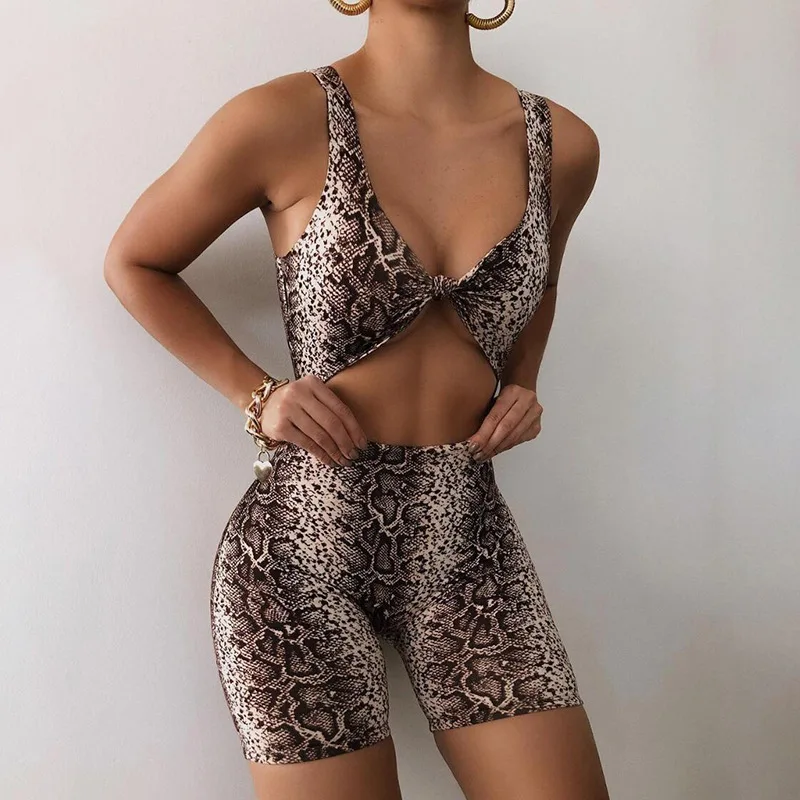 

summer women snake print deep V neck sleeveless hollow out bodycon onesie short jumpsuit slim playsuit