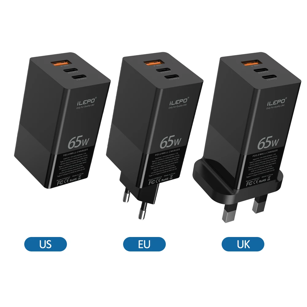 

Fast Charger 65W GaN technology QC 3.0 Mini Wall USB Charger Mobile Phone Type C PD Charger for mobile phone, Black