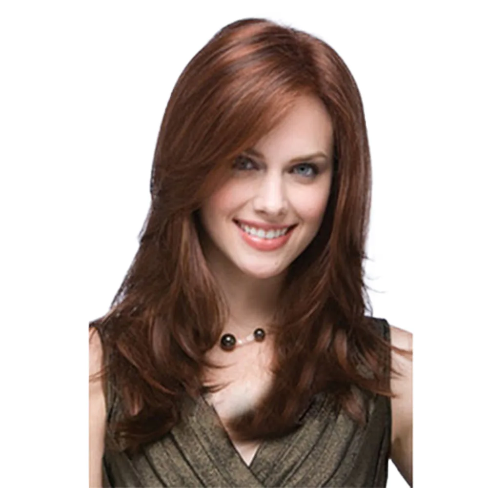 

Fashion Lady with Diagonal Bangs in Long Hair Synthetic Fiber High Temperature Silk Brown 20 Inch Natural Daily Wigs