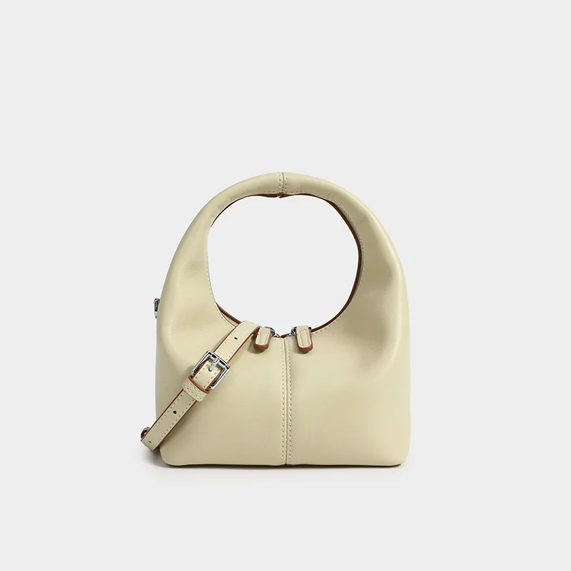

High quality cowhide small satchel 2021 new real leather handbags all-match messenger one-shoulder soft leather bucket bag, Yellow, black, creamy-white