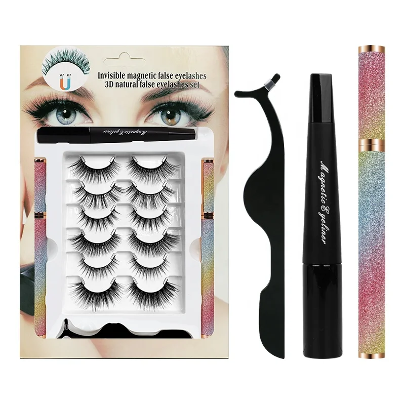 

Light Weight Full Strip Fake Eye Lashes Eyelashes Wholsale 6pair Invisible False Magnetic Eyelashes Kit With Tools