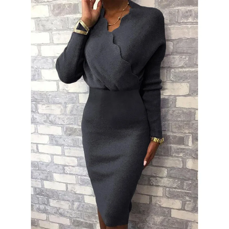 

B54234A Cross-border women fashion long sleeve high waist v neck knitted dress