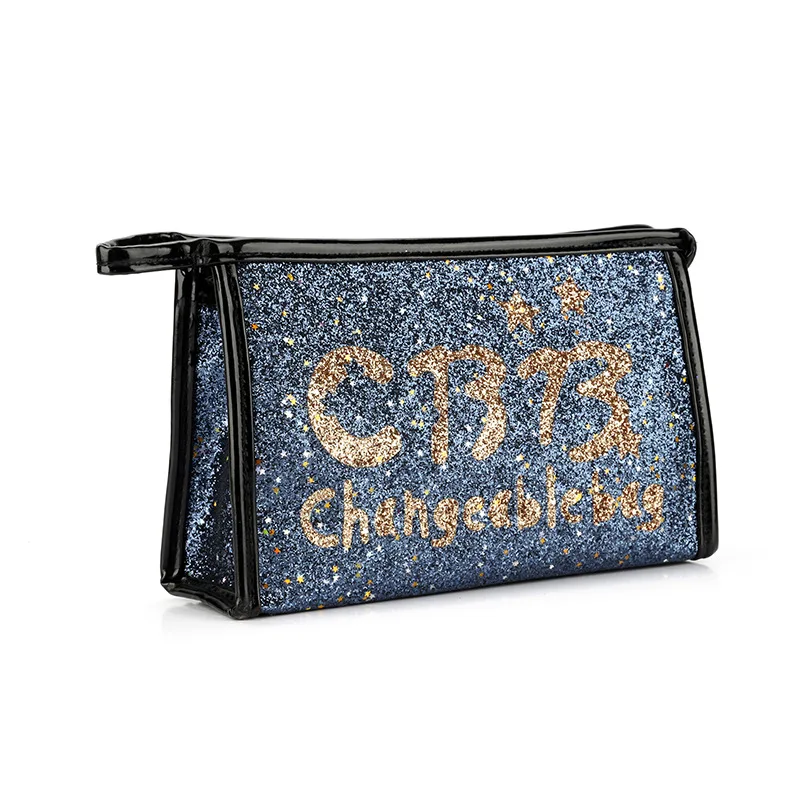 

Custom letter brief women's large capacity cosmetics Toiletry pink storage bag Shiny Glitter makeup bag