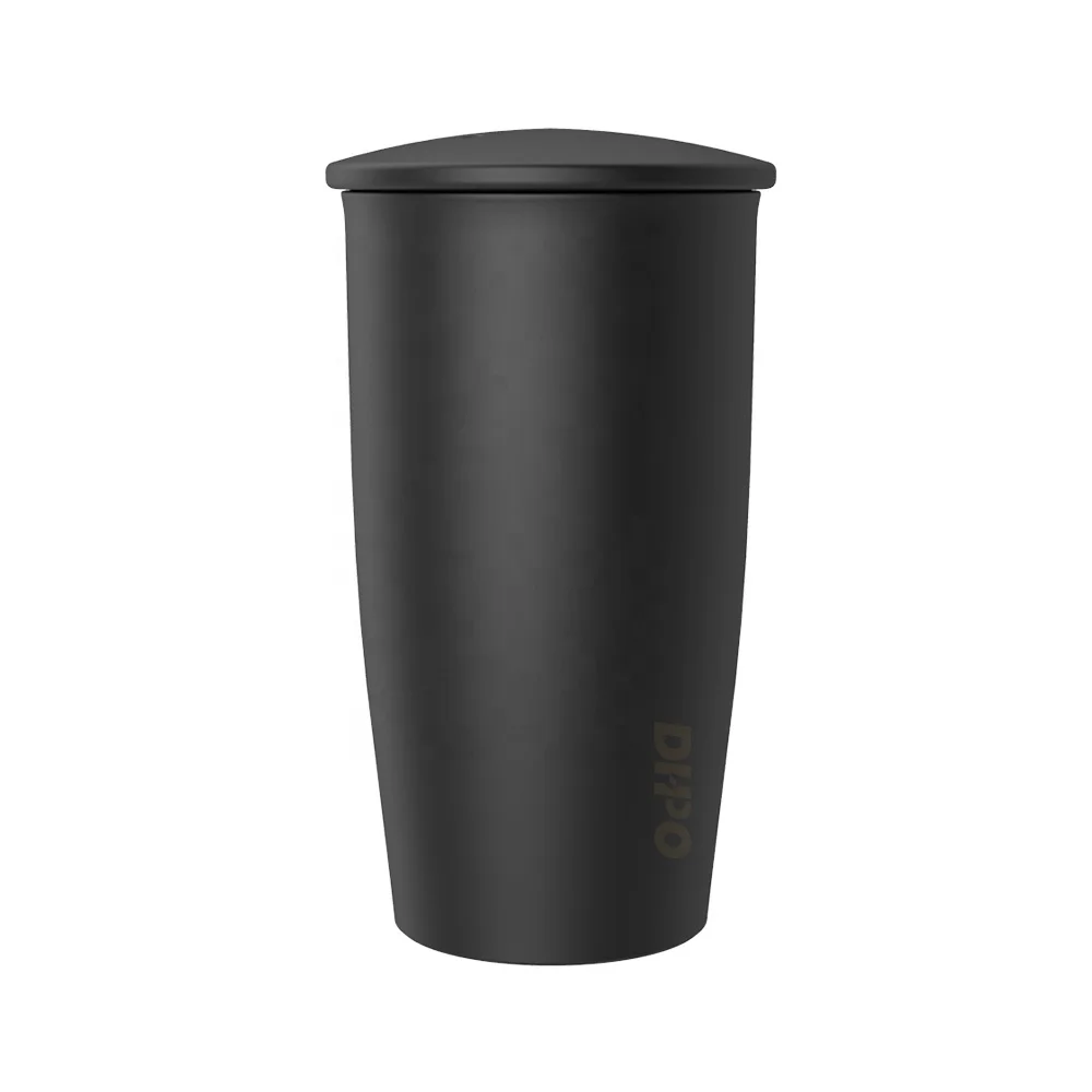 

DHPO 16OZ matte black double wall ceramic travel mug with logo and infuser for tea and coffee