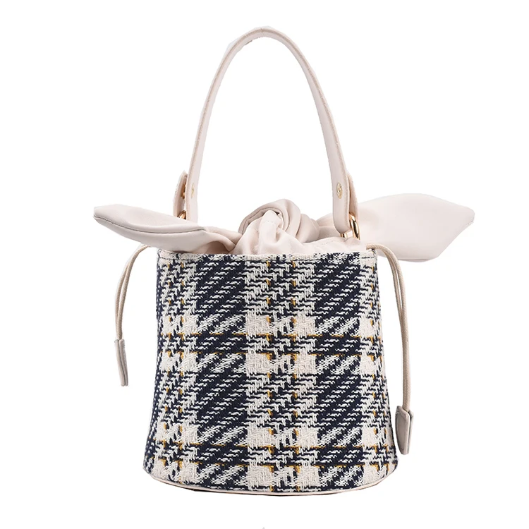 

wholesale woven stitching ethnic style Paris fashion and elegant ladies handbag Bucket Bag, Sky,navy,white