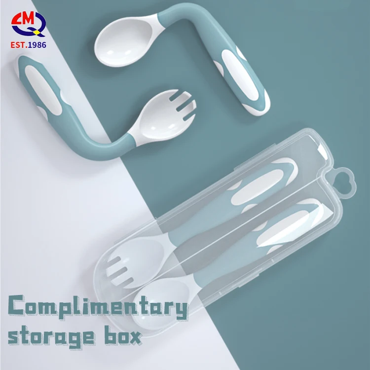 

Safe PP Silicone Anti-skid Handle Baby Training Fork Spoon Bendable Spoon Children Tableware Free Gift Storage Box