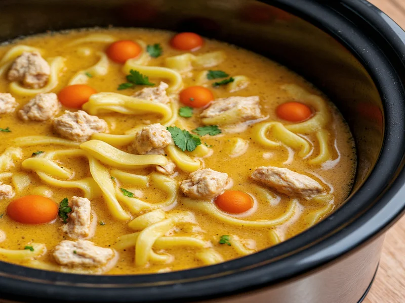 Crockpot filled with golden chicken noodle soup and fresh herbs