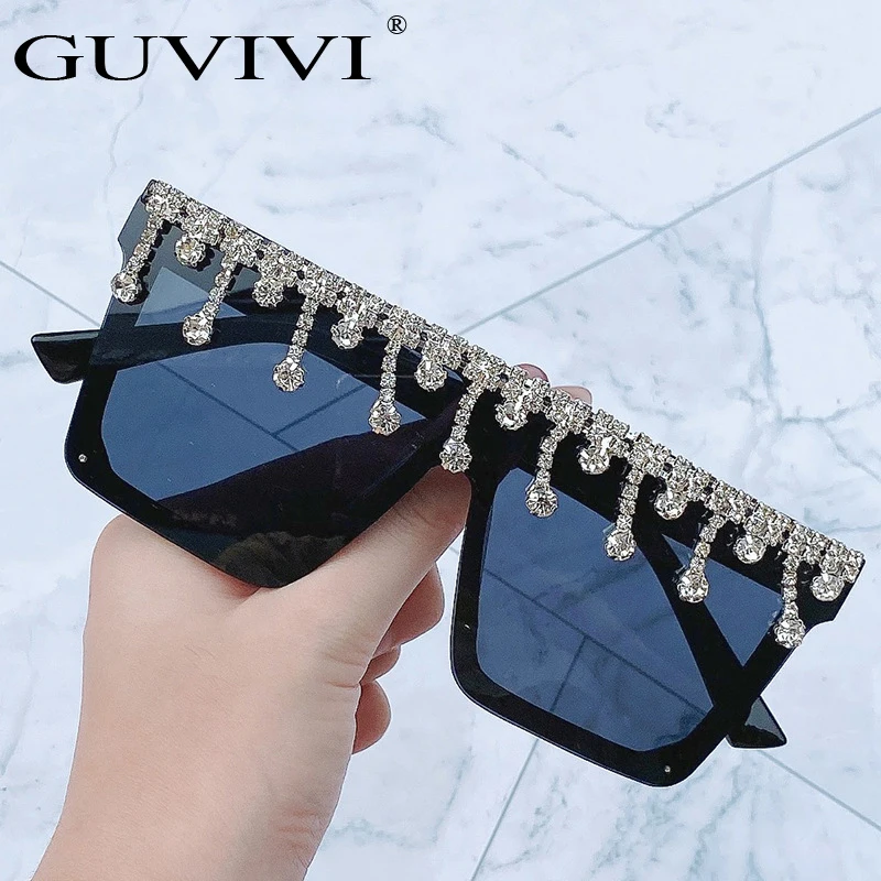 

GUVIVI Lady UV400 2020 One piece lens sunglasses Square Diamond Luxury Custom plastic Oversized crystal sunglasses, Mix color