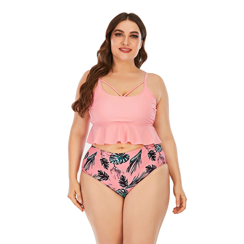 

Free Sample Women Ruffle Pink Swim Top Flowers Printed Bottom Leaves 2pcs Bikini Set Comfortable Recycled Nylon Swimwear