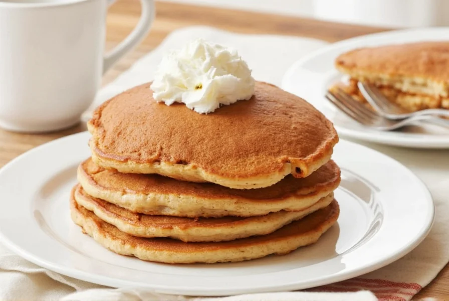 Stack of golden cinnamon bun pancakes with visible cinnamon swirls and cream cheese glaze drizzle
